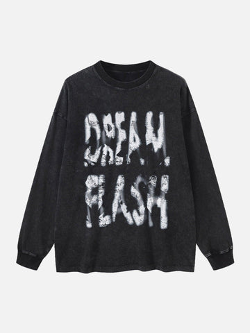 Makersluxe® - Washed Distressed Letter Printed Round Neck Long Sleeve T - 1899