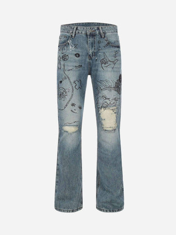 Makersluxe® - Washed Graffiti Ripped Jeans