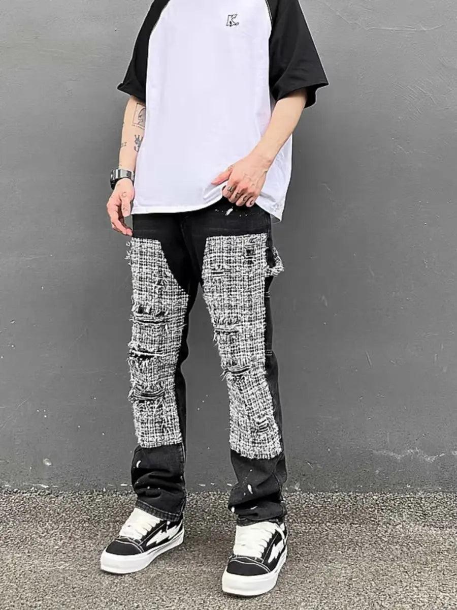 1984 Black White Checkered Denim Splice Patchworks Ripped Jeans