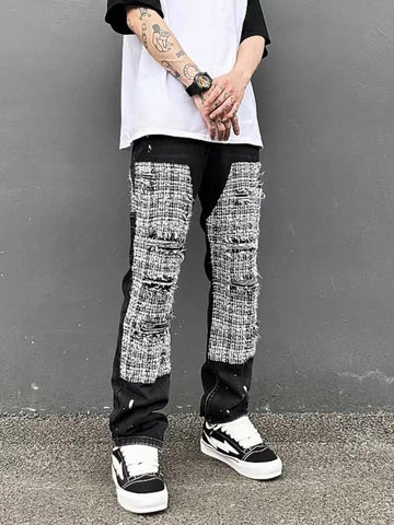 1984 Black White Checkered Denim Splice Patchworks Ripped Jeans