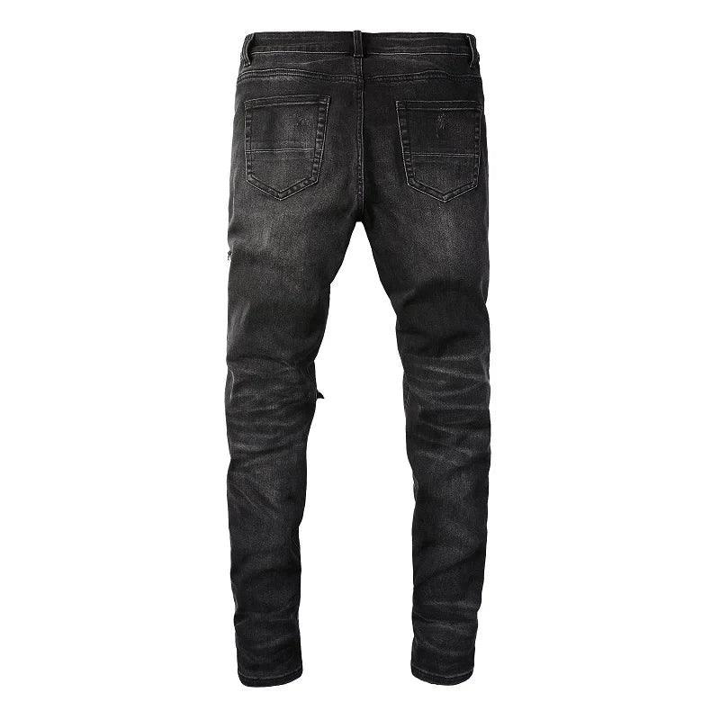 Pink Leather Ribs Patchwork Holes Stretch Slim Fit Streetwear Ripped Jeans