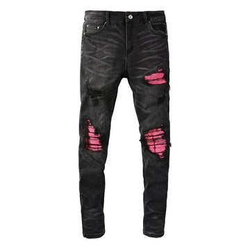 Pink Leather Ribs Patchwork Holes Stretch Slim Fit Streetwear Ripped Jeans