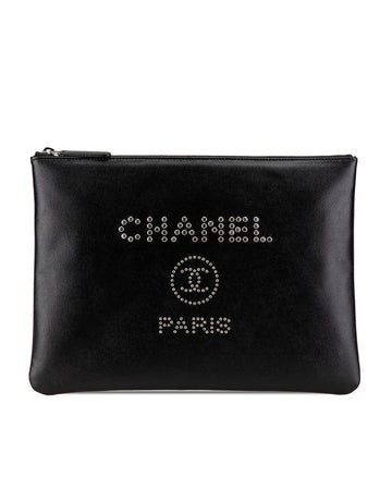 Studded Leather Clutch with Top Zip Closure