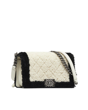 Medium Shearling Flap Bag with Leather Trim and Silver-Tone Chain Strap