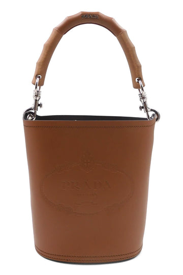 Leather Bucket Bag with Wooden Handle Cognac