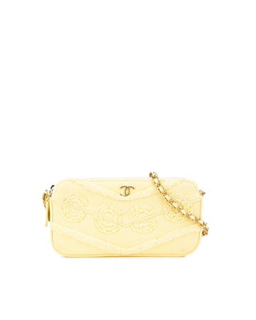 Denim Fringe Double Zip Clutch with Leather-Woven Chain Strap