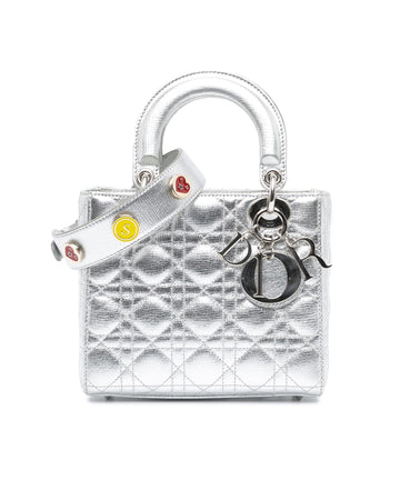 Small Metallic Grained Calfskin Quilted Handbag with Detachable Strap and Interior Pockets