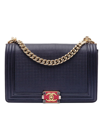 Large Lambskin Embossed Flap Bag with Curb Chain Strap