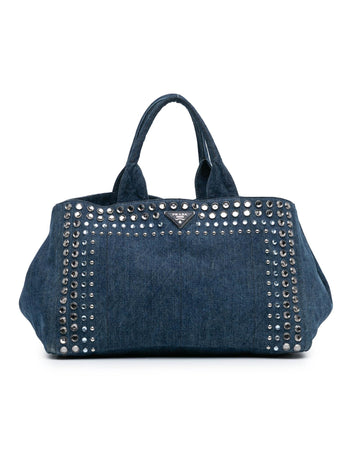 Large Denim Canapa Studded Satchel with Rolled Top Handles