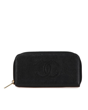 Caviar Leather Zip Around Long Wallet with Exterior Back Zip Pocket