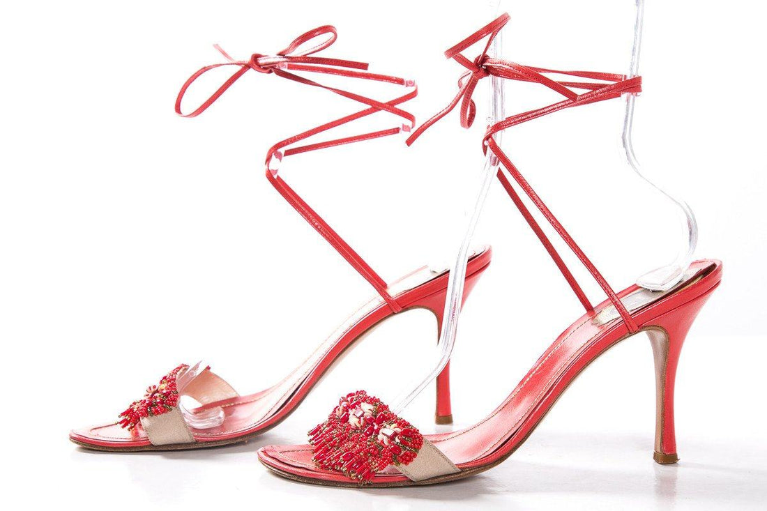 Rene Caovilla Coral Beaded Ankle Wrap Sandals SZ 41