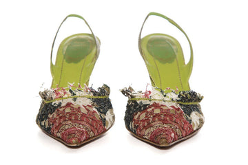 Rene Caovilla Green & Multi Color Lace Slingback Heels SZ 38
