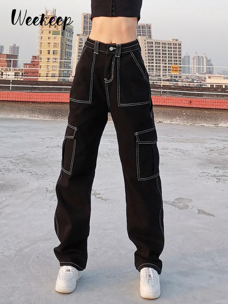 Streetwear Pockets Patchwork Baggy Jeans D3445