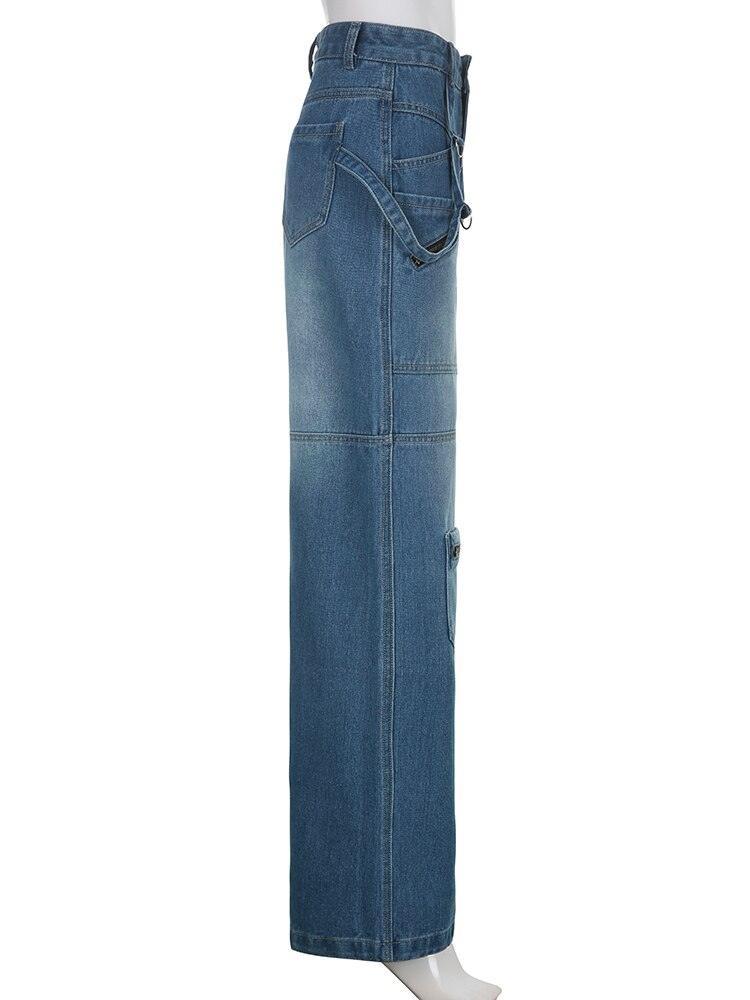 Streetwear Jeans Women Low Waist Button Up Straight Pants