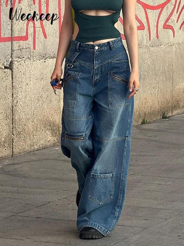 Streetwear Jeans Women Low Waist Button Up Straight Pants