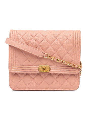 Quilted Caviar Square Wallet On Chain with Chain Strap and Flap Closure