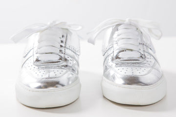 SWEAR Silver Metallic Leather Round-Toe Sneakers SZ 37