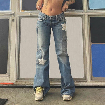 Streetwear Star Jeans Pocket Stitching Straight Denim Pants