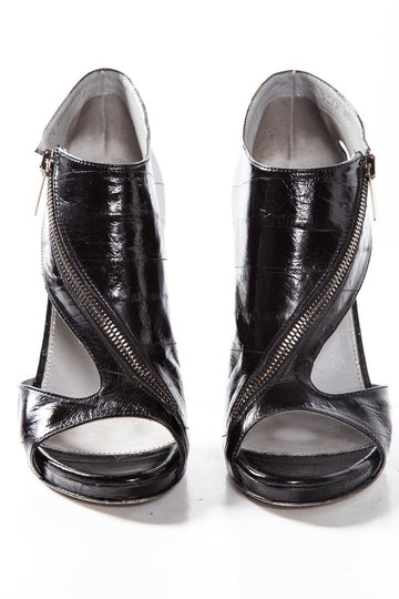 Sergio Rossi Black Eel Skin Zip Closure Sandals SZ 38.5