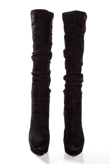 Sergio Rossi Black Suede Round-Toe Platform Knee-High Boots Sale