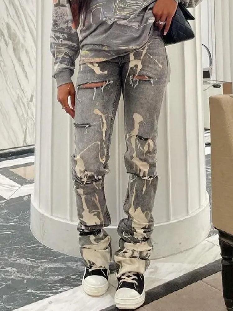 Streetwear Fashion Cotton Hole Jeans Women A3635