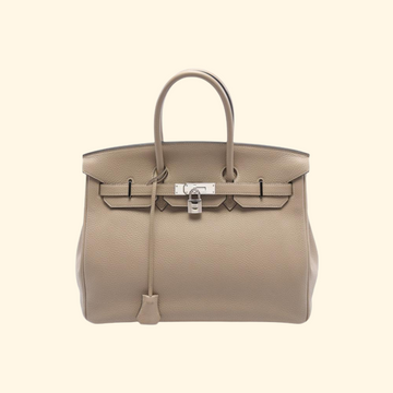 Hermès Birkin 35 Tourtiere Gray Handbag Clemence Leather Gray Beige Silver Hardware