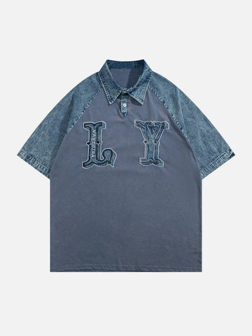 Sneakerland™ - LY Letter Patchwork Polo Collar Tee