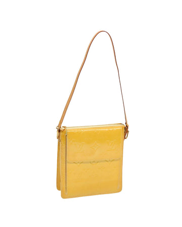 Yellow Patent Leather Motto Pouch with Monogram Design