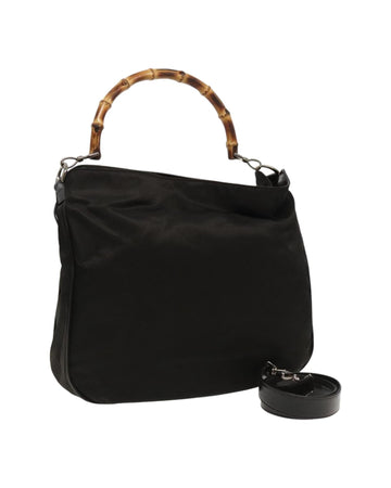 Bamboo Handle Nylon 2-Way Handbag with Silver Accents