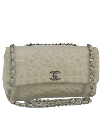 Chain Flower Stitch Shoulder Bag Lamb Skin Silver CC Auth