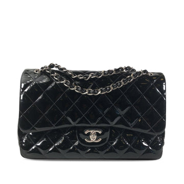 Chanel Classic Double Flap Jumbo Black Patent Leather Silver