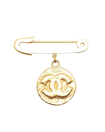 Gold Plated Medallion Safety Pin Brooch with Back Pin Closure
