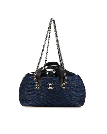 Straw and Leather Trim Satchel with Chain Link Straps