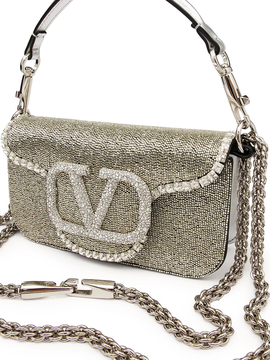 Loco Embroidered Small Shoulder Bag in Silver