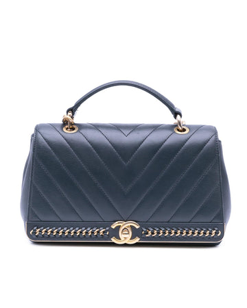 Chevron Sheepskin Stitched Chain Top Handle Flap Satchel with Turn-Lock Closure