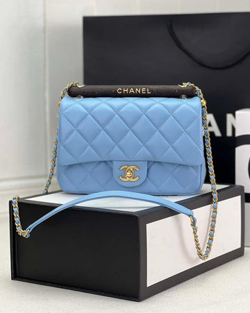 Makersluxe - Small Flap Bag With Top Handle Lambskin & Wenge Wood Blue