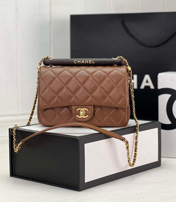 Makersluxe - Small Flap Bag With Top Handle Lambskin & Wenge Wood Brown