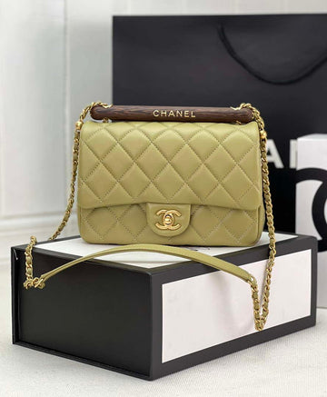 Makersluxe - Small Flap Bag With Top Handle Lambskin & Wenge Wood Matcha green
