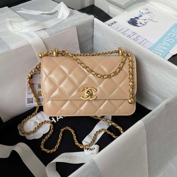 Makersluxe - Woc Wallet on Chain with Gold Charm Vintage Calfskin Bag Apricot