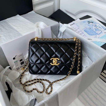 Makersluxe - Woc Wallet on Chain with Gold Charm Vintage Calfskin Bag Black