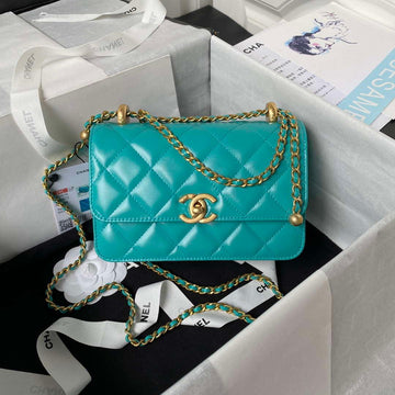 Makersluxe - Woc Wallet on Chain with Gold Charm Vintage Calfskin Bag Blue