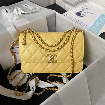 Makersluxe - Woc Wallet on Chain with Gold Charm Vintage Calfskin Bag Yellow