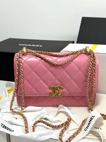 Makersluxe - Woc Wallet on Chain with Gold Charm Vintage Calfskin Bag Pink