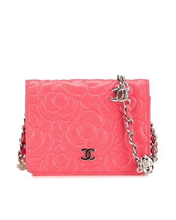 Caviar Leather Wallet On Chain with Embossed Camellia Design