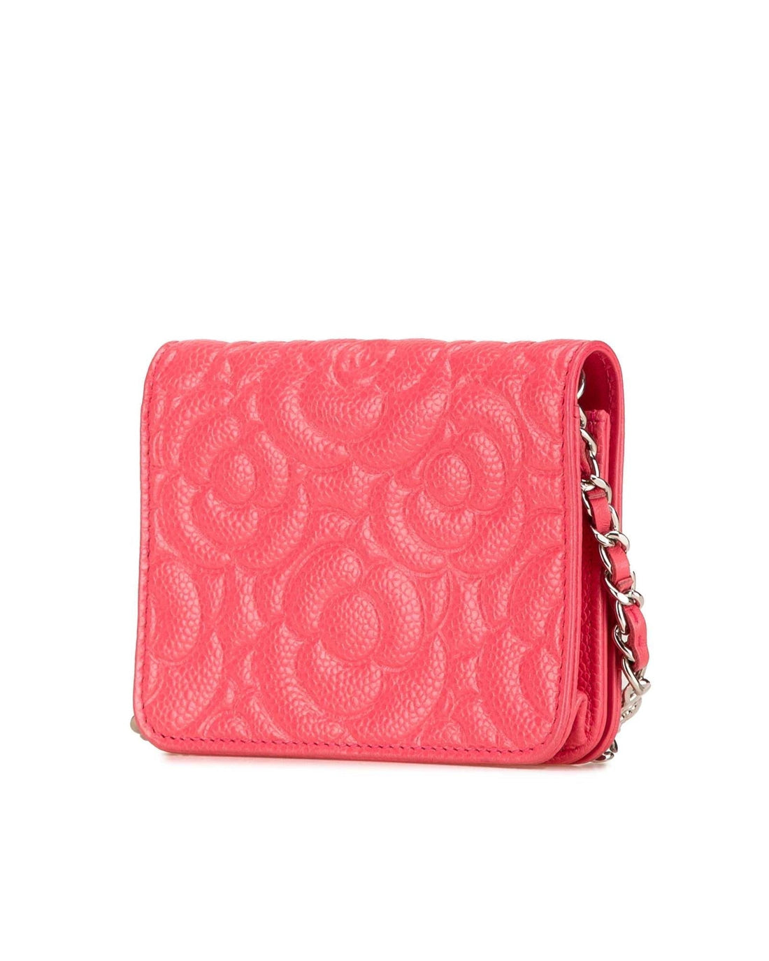 Caviar Leather Wallet On Chain with Embossed Camellia Design