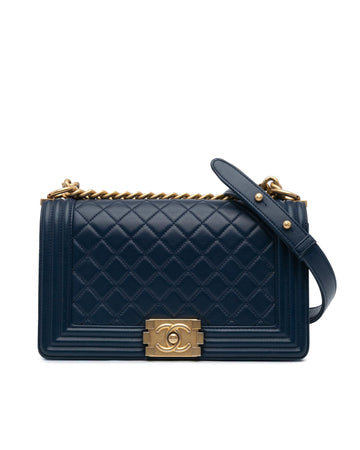 Leather Boy Flap Bag with Gold-Tone Chain and Magnetic Snap Closure