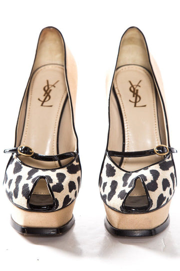 Yves Saint Laurent Tan Canvas Peep Toe Platforms SZ 38