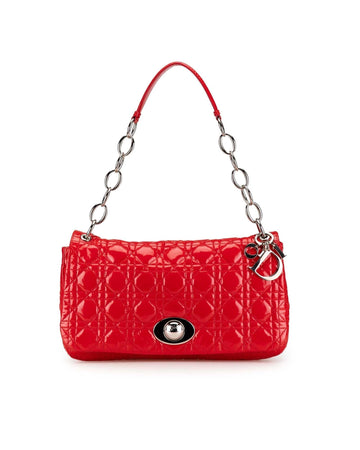 Patent Leather Cannage Rendezvous Shoulder Bag with Chain Strap and Zip Compartments