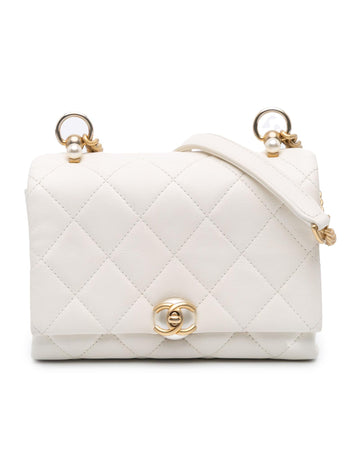 Quilted Calfskin Pearl CC Accordion Flap Bag with Chain Strap