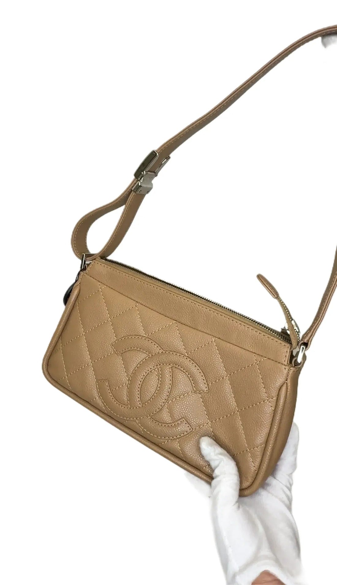 Chanel Caviar Leather Shoulder Bag Beige Medium Size B10-05